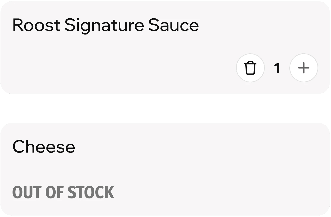 Reusable component cards: sauce stepper and out-of-stock cheese