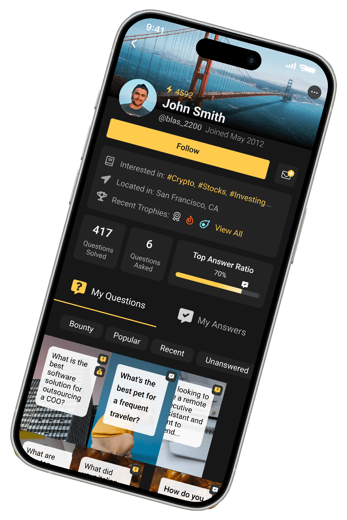 Solvr profile with engagement stats