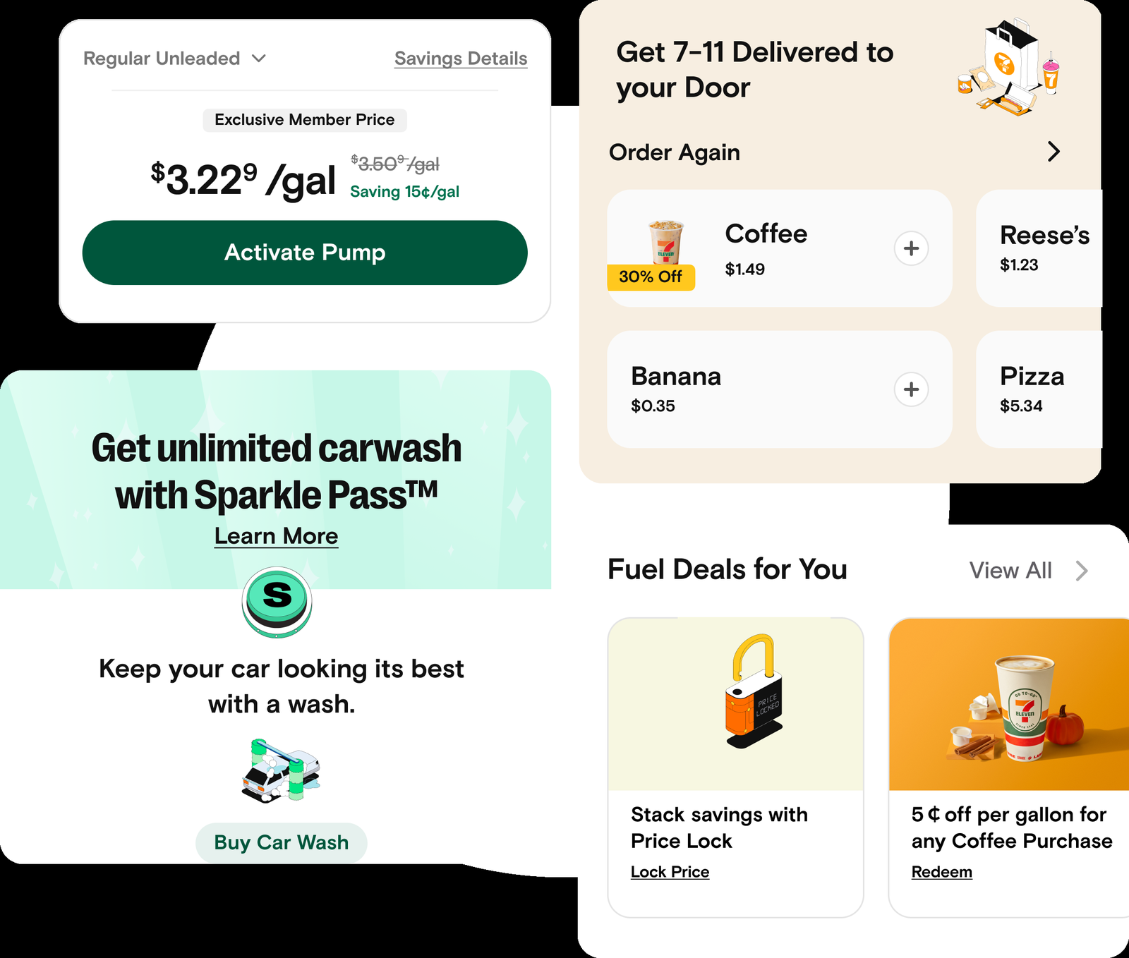 Modular home screen sections: fuel, delivery, rewards